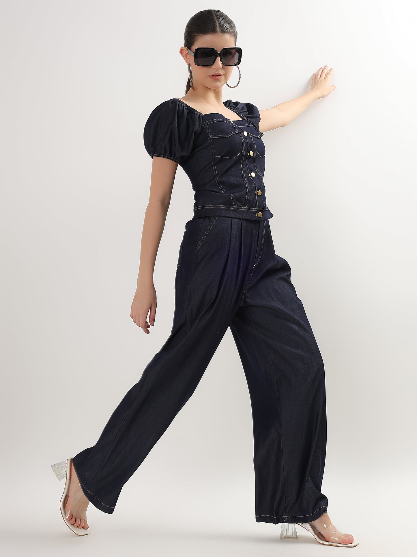 Denim Block Fusion Cord Set (TOP+BOTTOM)