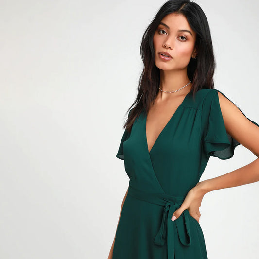 Rise to the Occasion Emerald Green Midi Wrap Dress