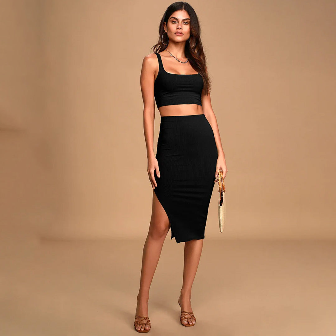 Set For Life Black Ribbed Bodycon Two-Piece Dress Set For Life Black Ribbed Bodycon Two-Piece Dress
