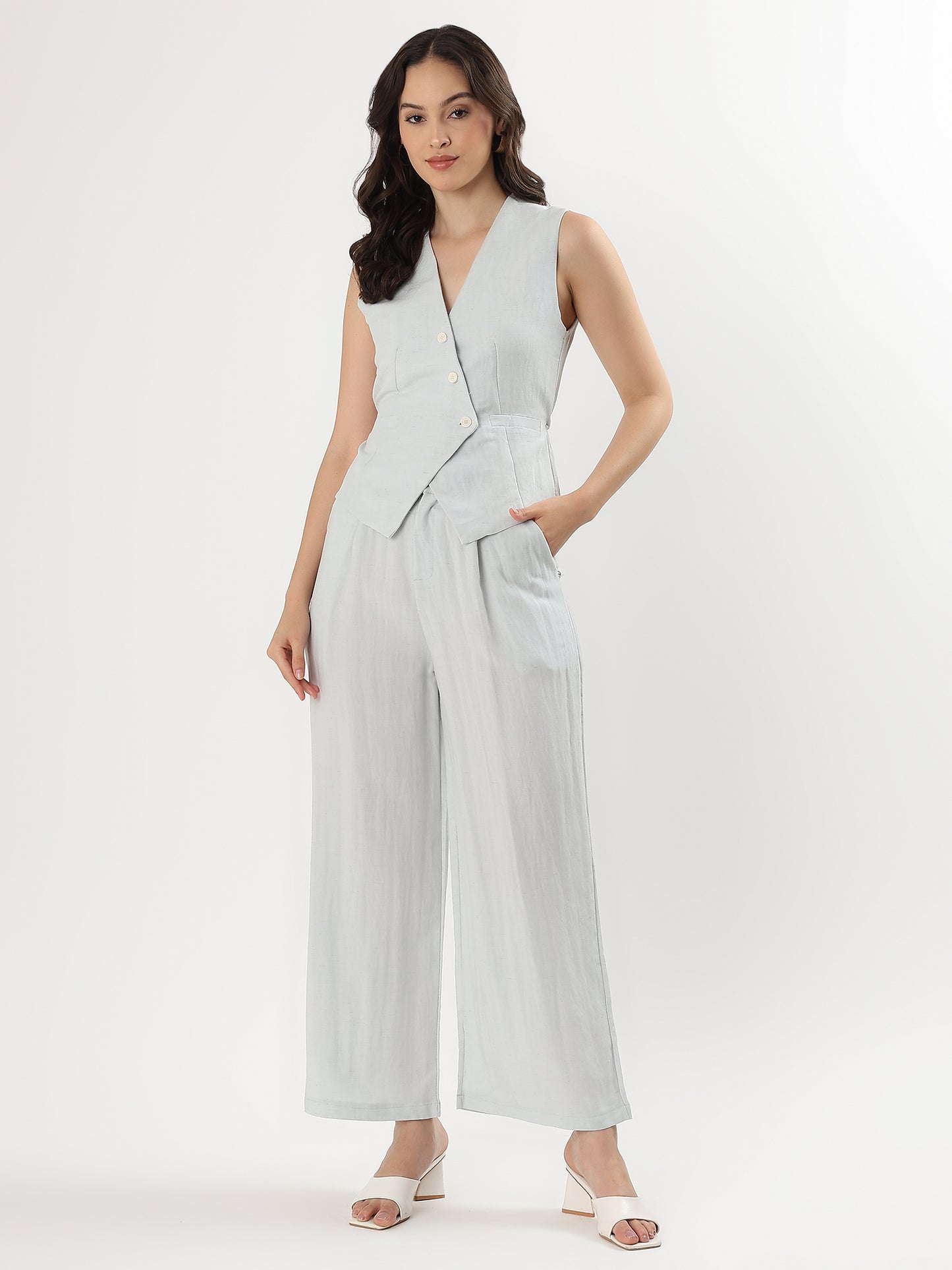 Blush Sleeveless Buttoned Set (TOP+BOTTOM)