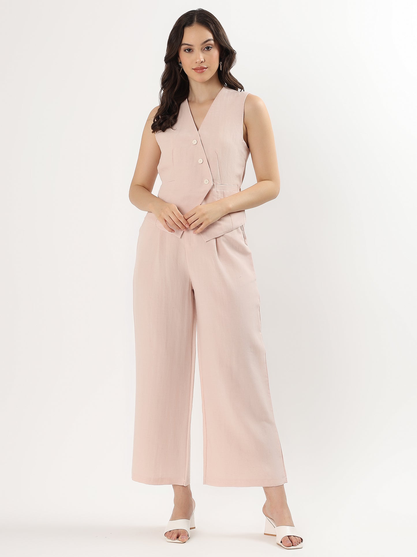 Blush Sleeveless Buttoned Set (TOP+BOTTOM)