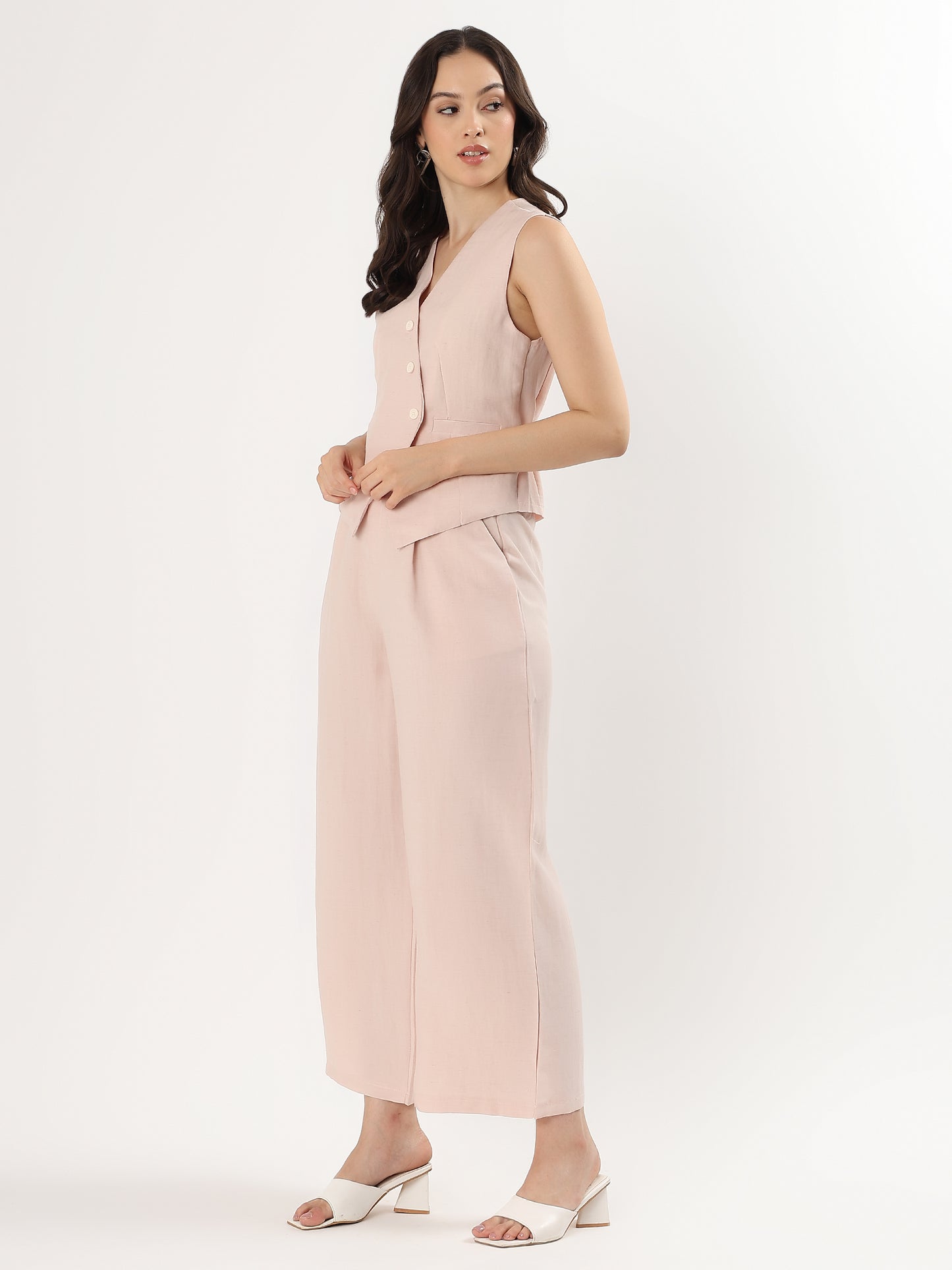 Blush Sleeveless Buttoned Set (TOP+BOTTOM)