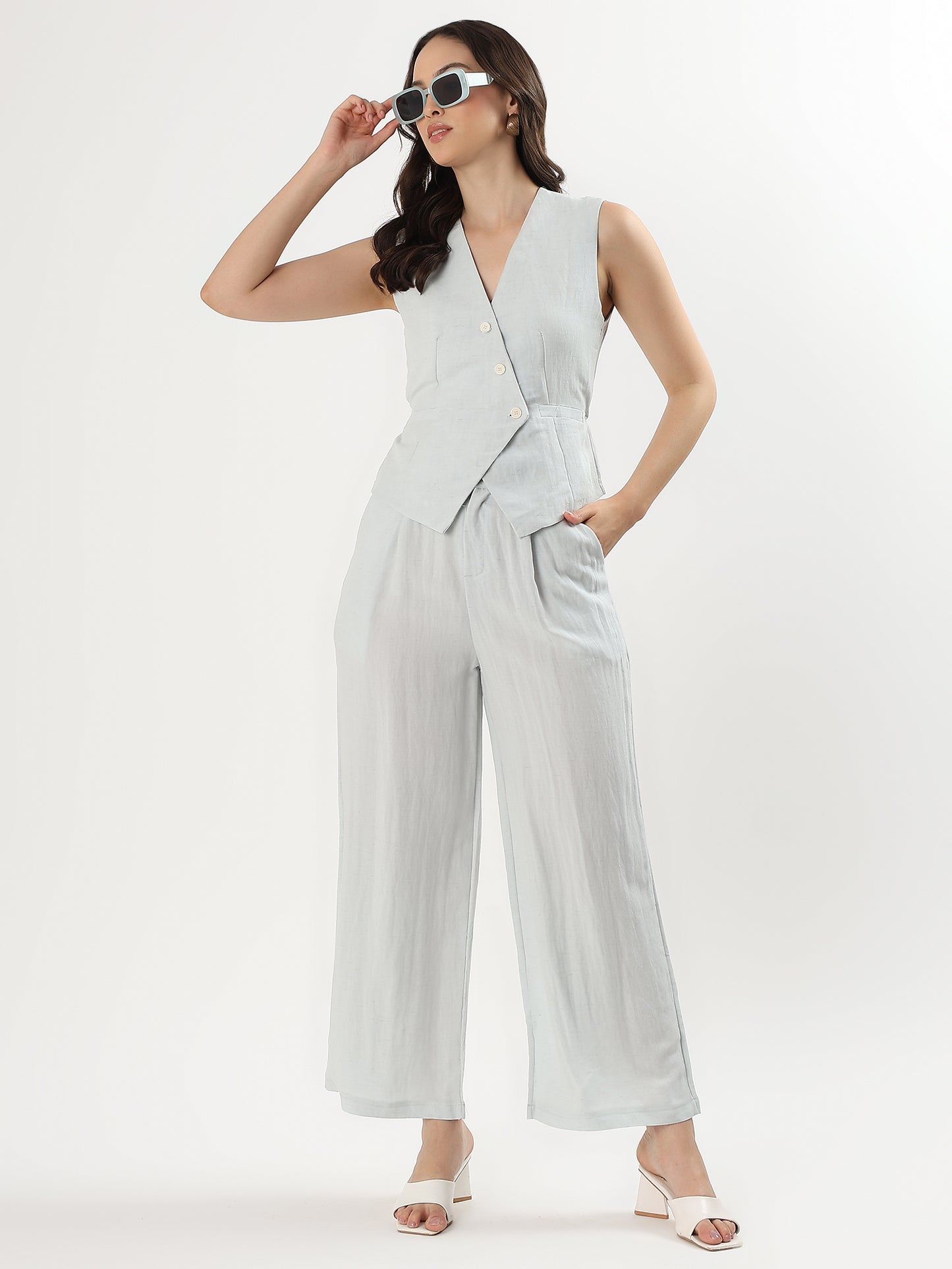 Blush Sleeveless Buttoned Set (TOP+BOTTOM)