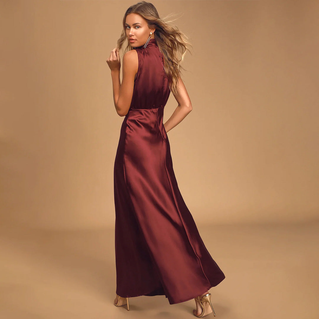 Elegance Wine Satin Sleeveless Mock Neck Maxi Dress