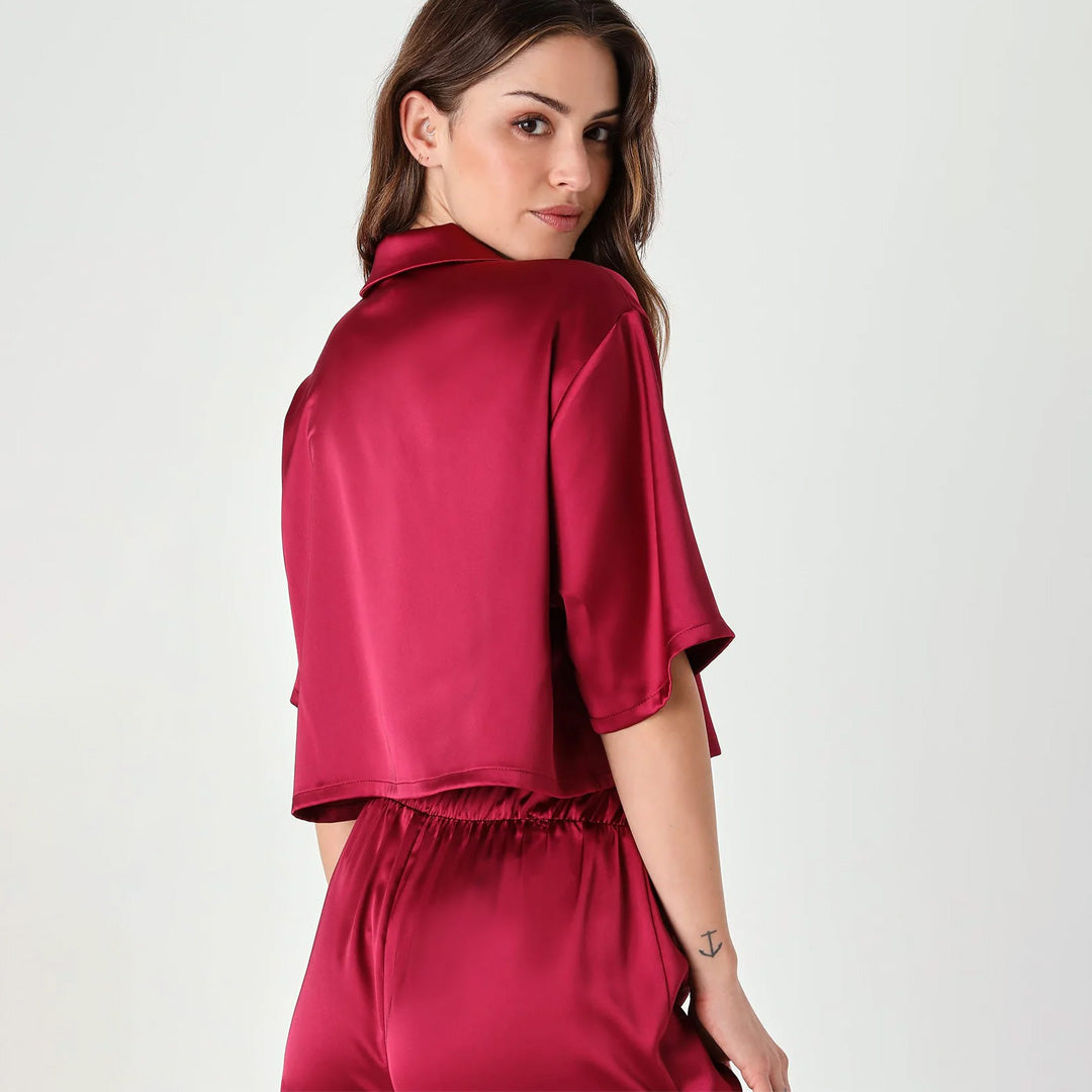 Bedtime Beauty Burgundy Satin Two-Piece Pajama Set