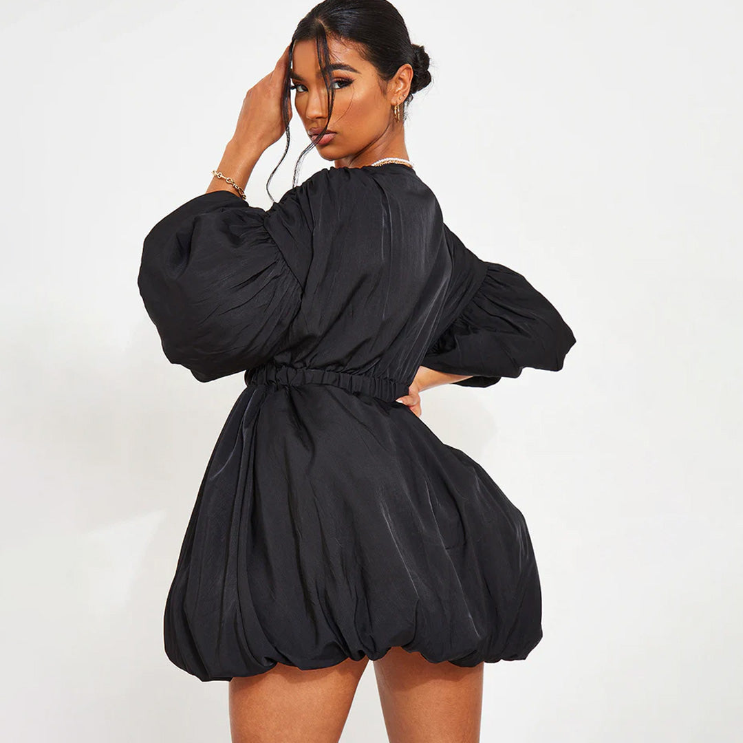 BLACK PUFF SLEEVE PUFFBALL HEM SHIFT DRESS