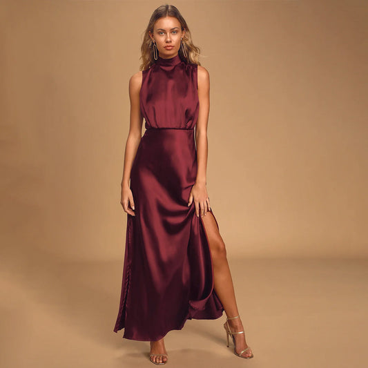 Elegance Wine Satin Sleeveless Mock Neck Maxi Dress