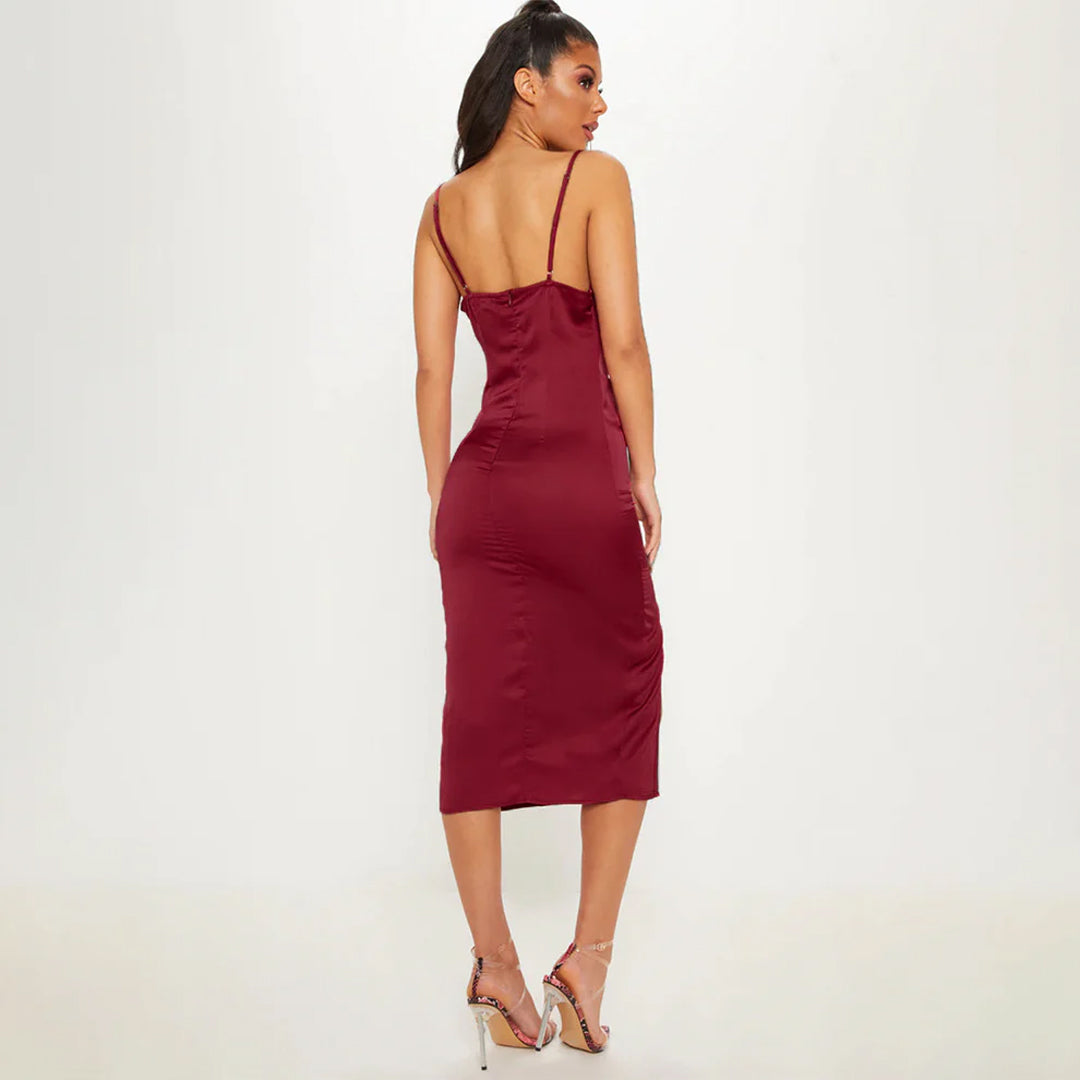 Burgundy Strappy Satin Cowl Midi Dress