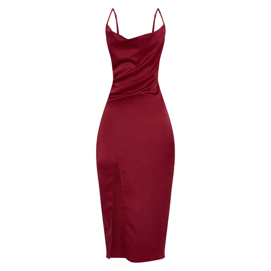 Burgundy Strappy Satin Cowl Midi Dress