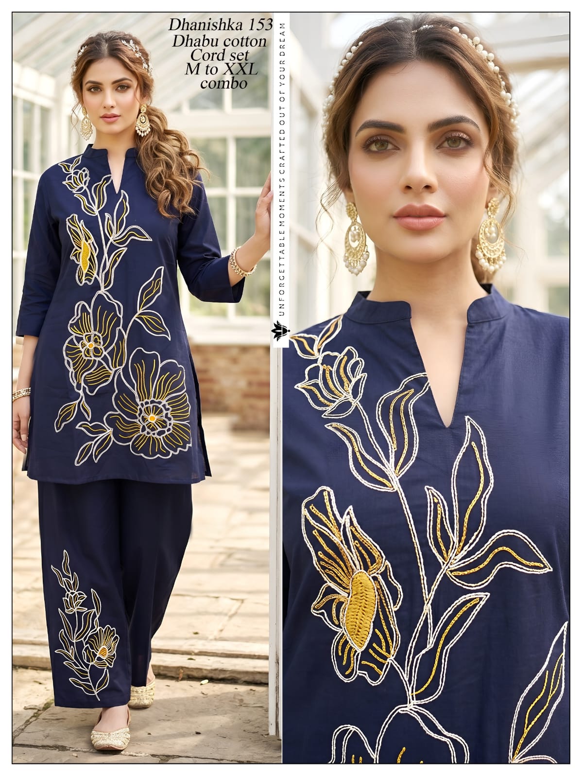Midnight Bloom Embroidered Dhabu Cotton Co-ord Set