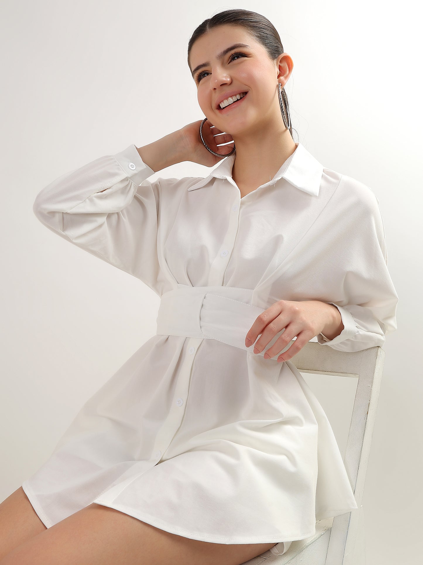 White Muse Belted Shirt Dress Set (TOP+BOTTOM)