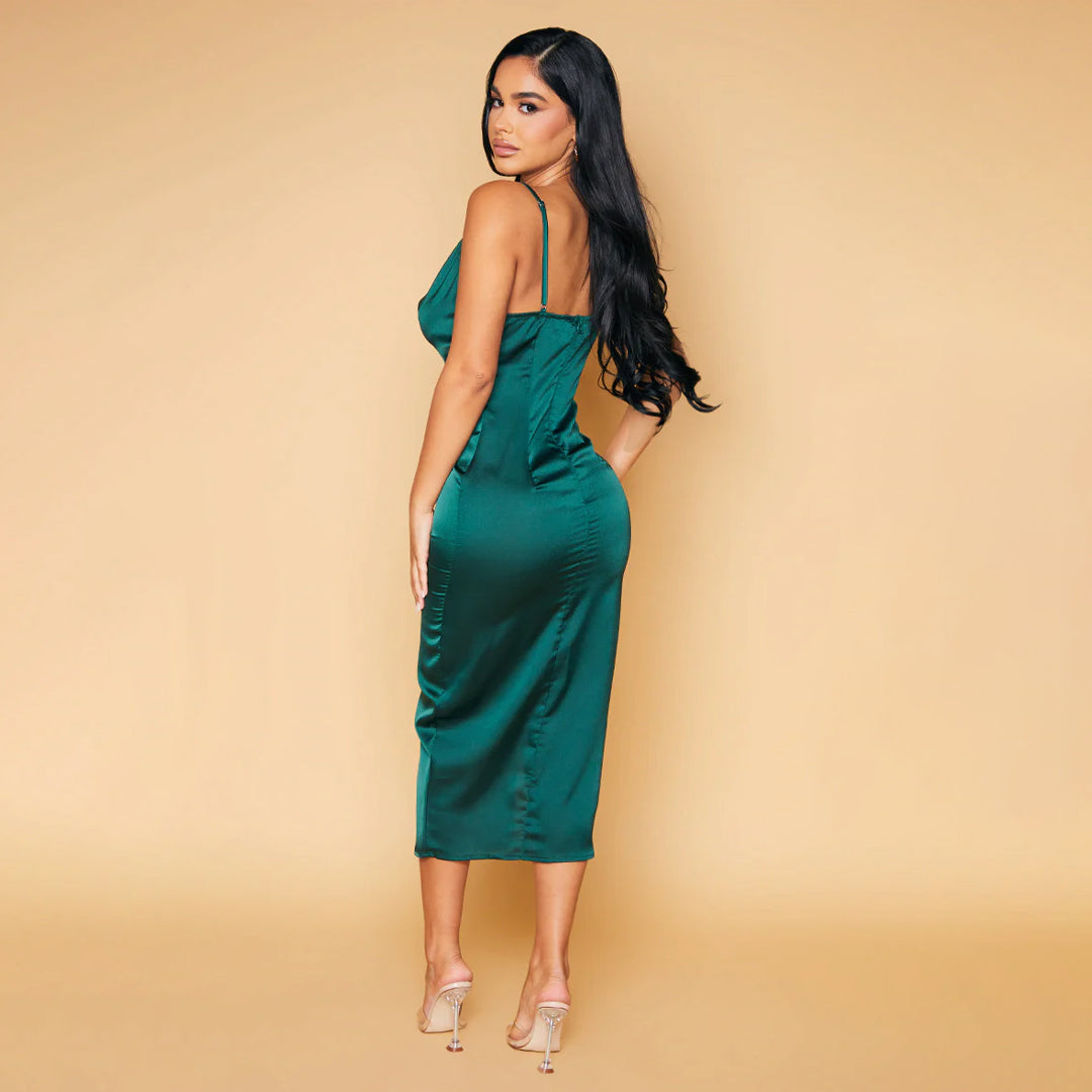 PETITE EMERALD GREEN STRAPPY SATIN COWL MIDI DRESS