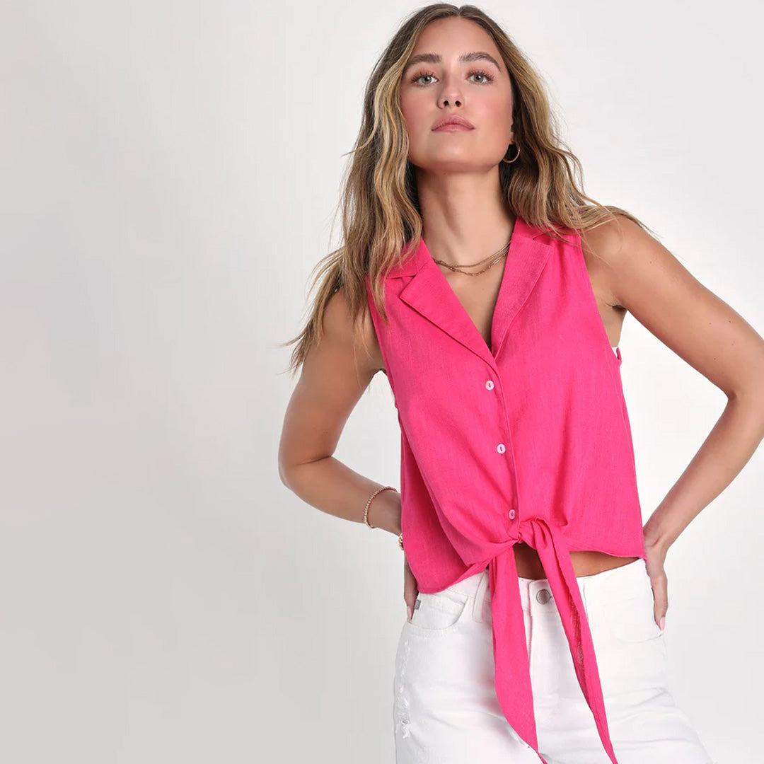 Napa Valley Views Hot Pink Collared Button-Up Tie-Front Top