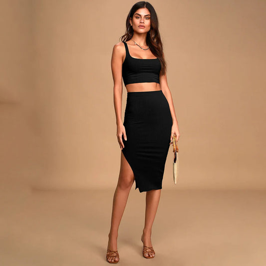 Set For Life Black Ribbed Bodycon Two-Piece Dress