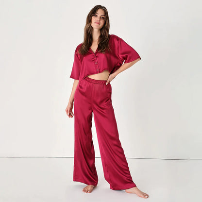 Bedtime Beauty Burgundy Satin Two-Piece Pajama Set