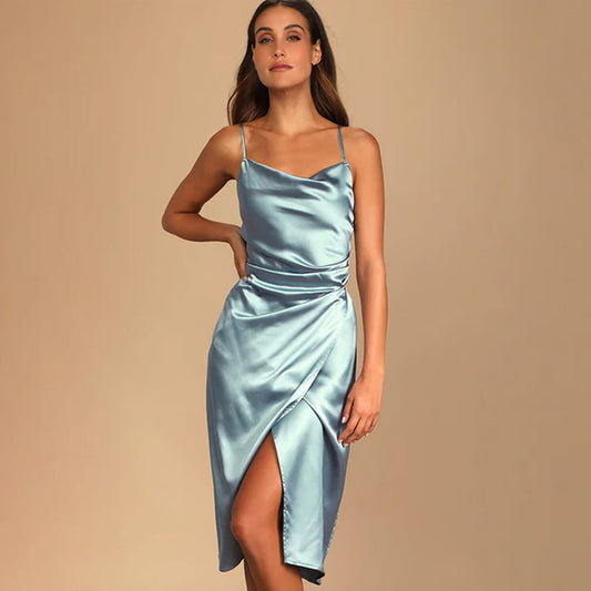 Hollywood Woman Dusty Blue Satin Midi Dress