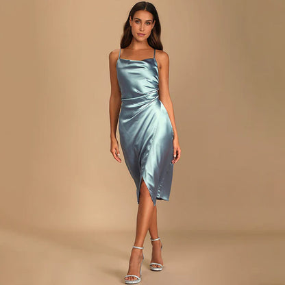 Hollywood Woman Dusty Blue Satin Midi Dress