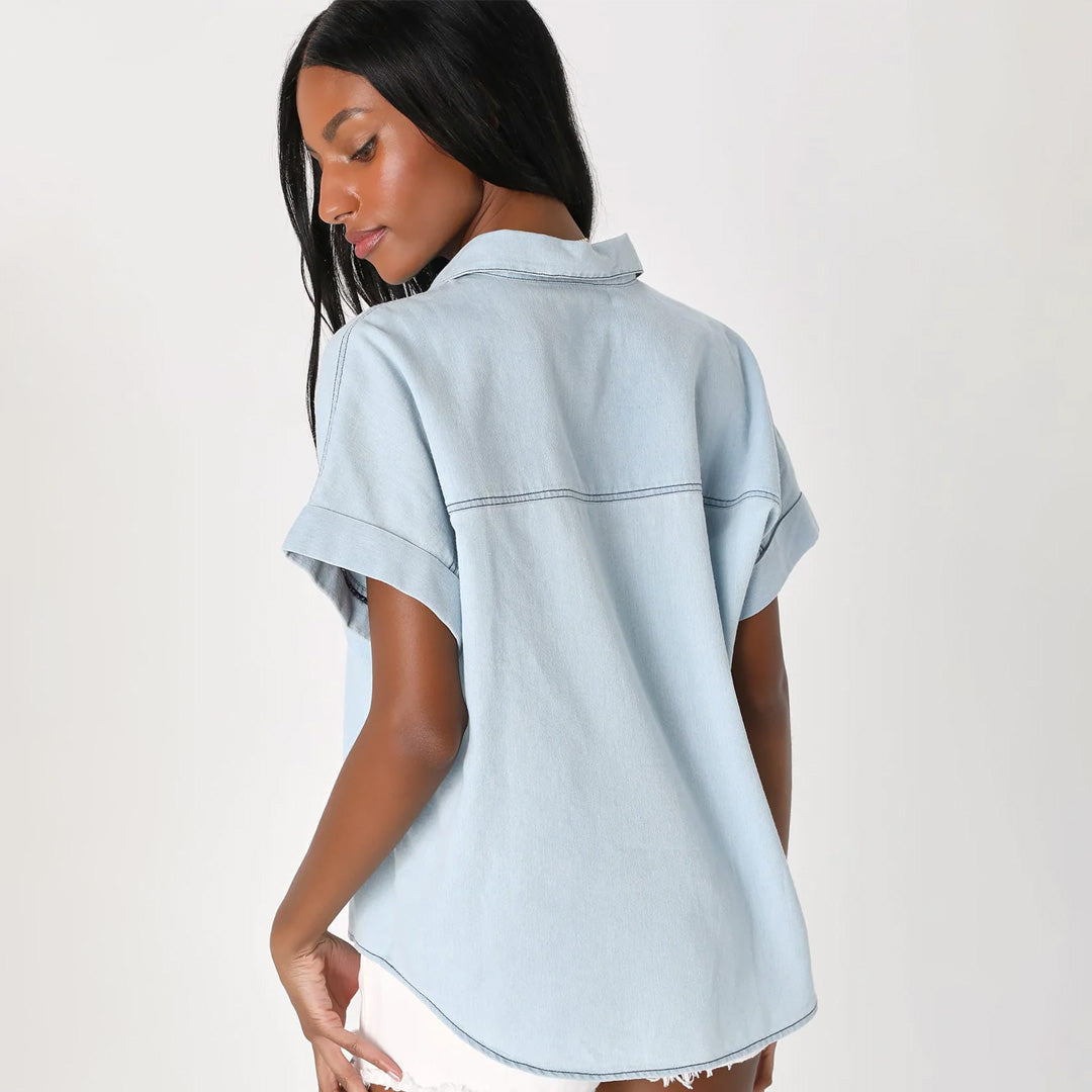 Charmingly Casual Light Blue Chambray Button-Up Top