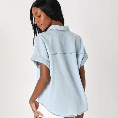 Charmingly Casual Light Blue Chambray Button-Up Top