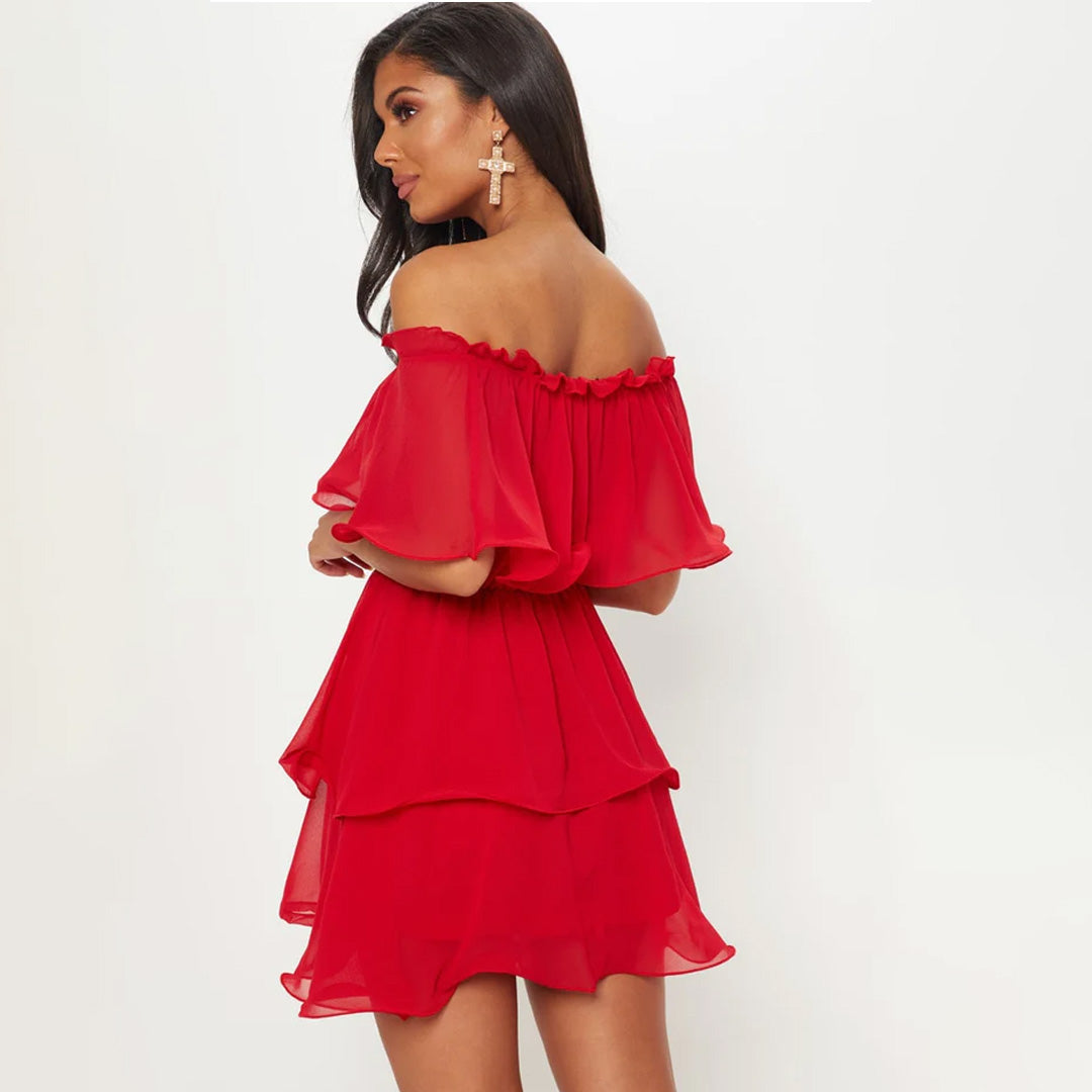 Red chiffon bardot hot sale ruffle tiered dress