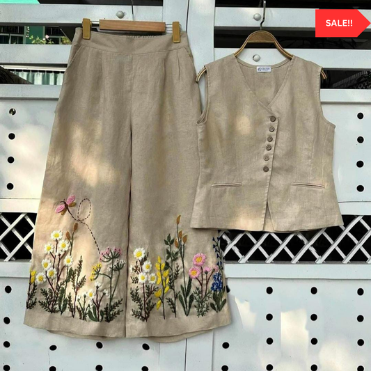 Biba Floral Embroidery Cord Set "Beige" (Top + Bottom)