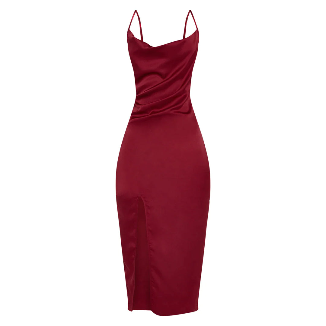 Burgundy Strappy Satin Cowl Midi Dress – Beyond Pink