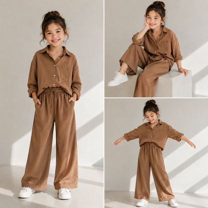 Little Luxe Kids Co-Ord Set – Soft Shirt & Wide-Leg Pants