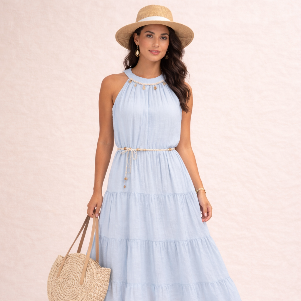 Sky Blue Summer Breeze Halter Maxi Dress – Lightweight Tiered Vacation Dress for Women