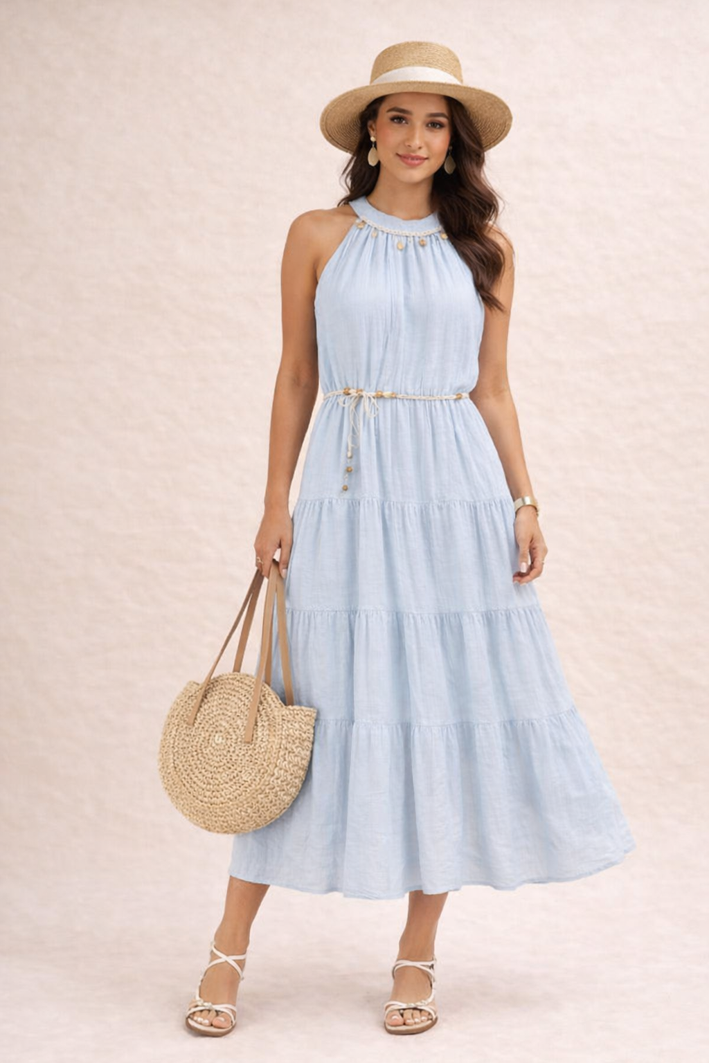 Sky Blue Summer Breeze Halter Maxi Dress – Lightweight Tiered Vacation Dress for Women