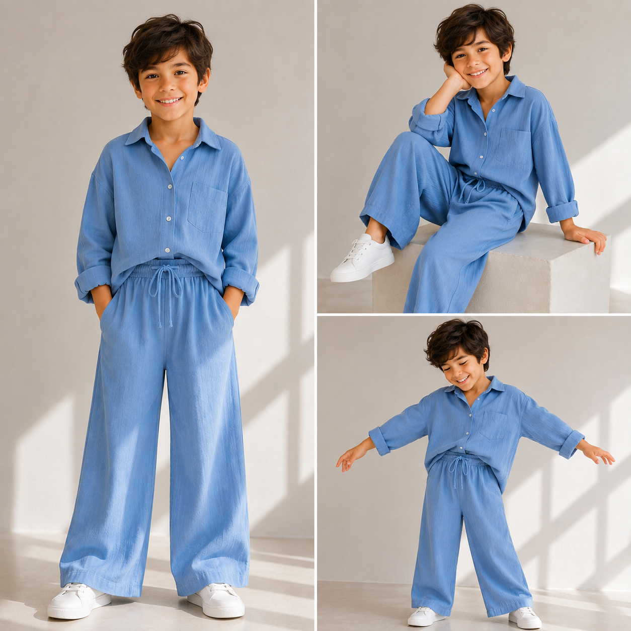 Little Luxe Kids Co-Ord Set – Soft Shirt & Wide-Leg Pants (Boys)