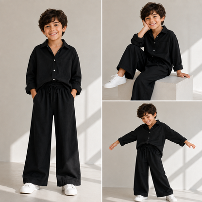 Little Luxe Kids Co-Ord Set – Soft Shirt & Wide-Leg Pants (Boys)