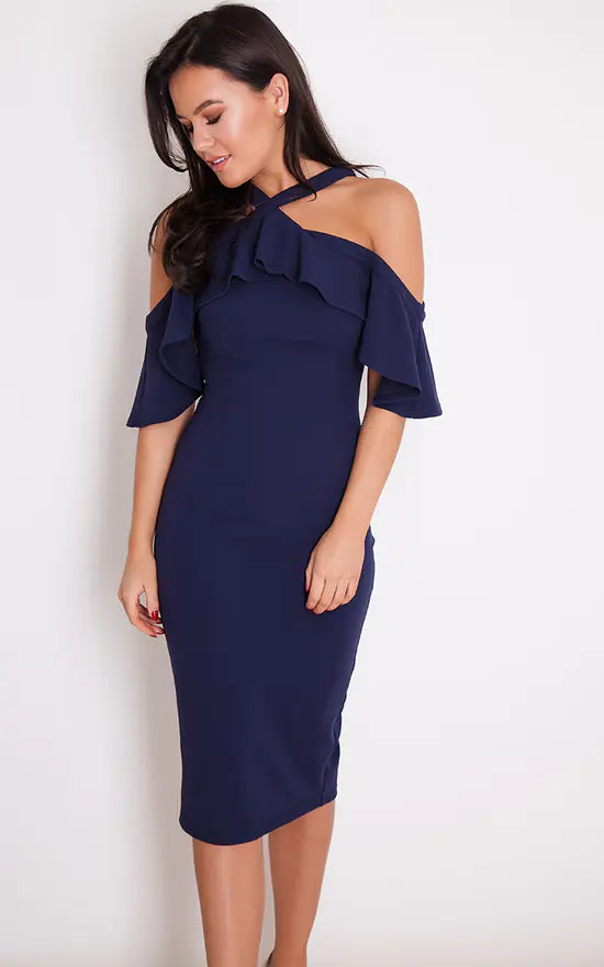 Hanna Halterneck Frill Cold Shoulder Midi Dress