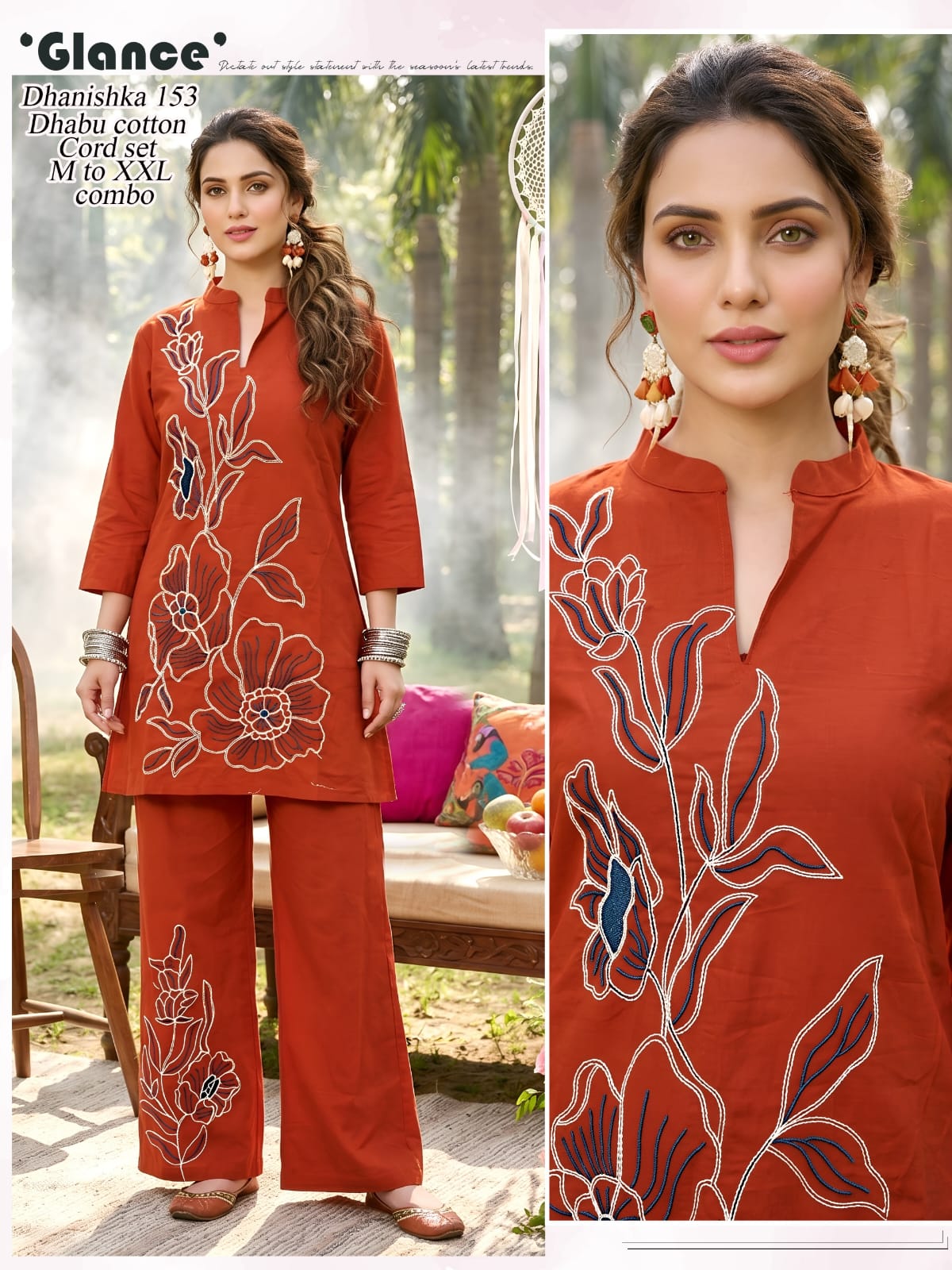 Rust Bloom Embroidered Dhabu Cotton Co-ord Set