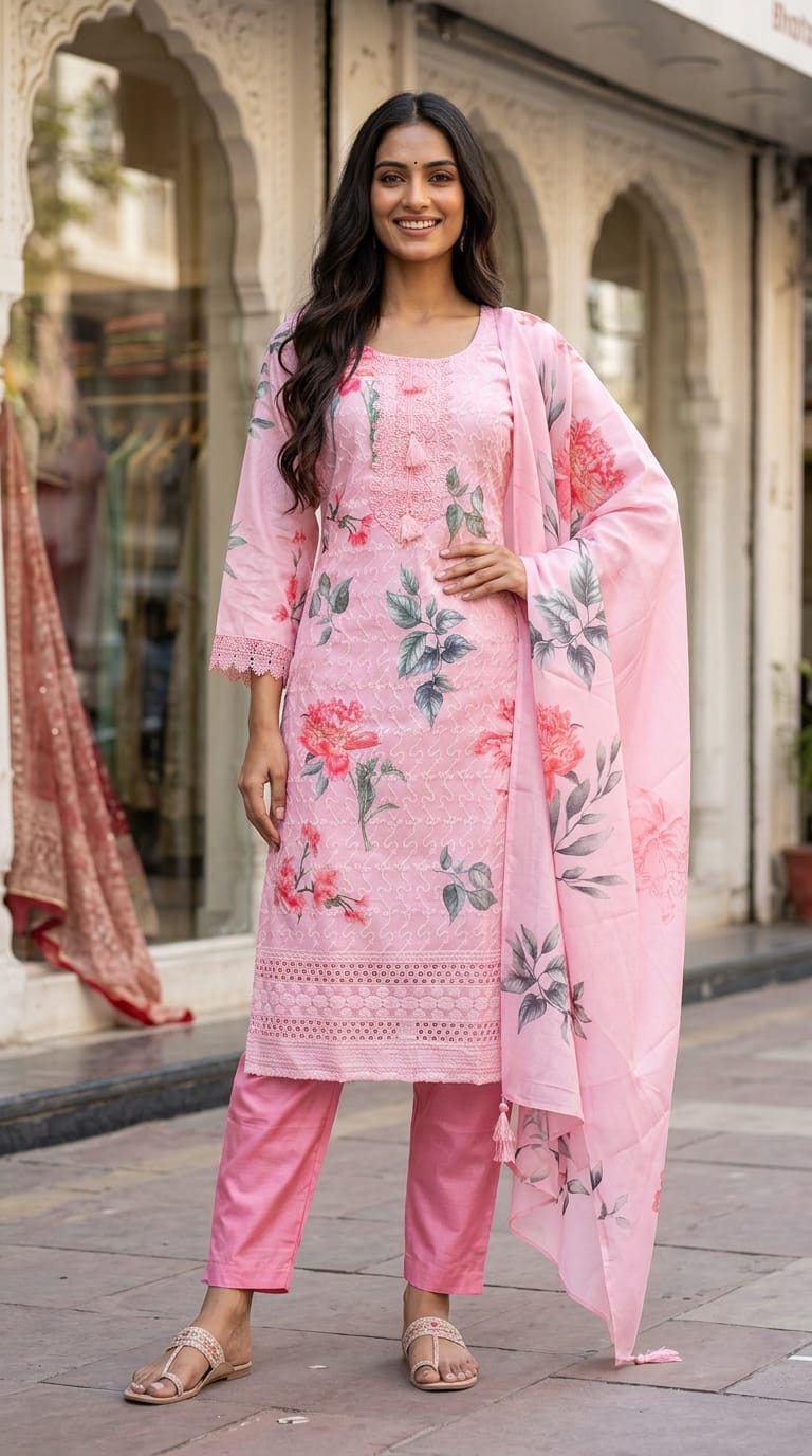 Blush Bloom Floral Printed Cotton Kurta Set with Dupatta