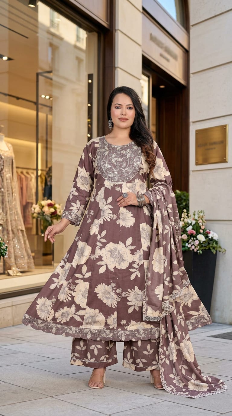 Mocha Fleur Anarkali Suit Set
