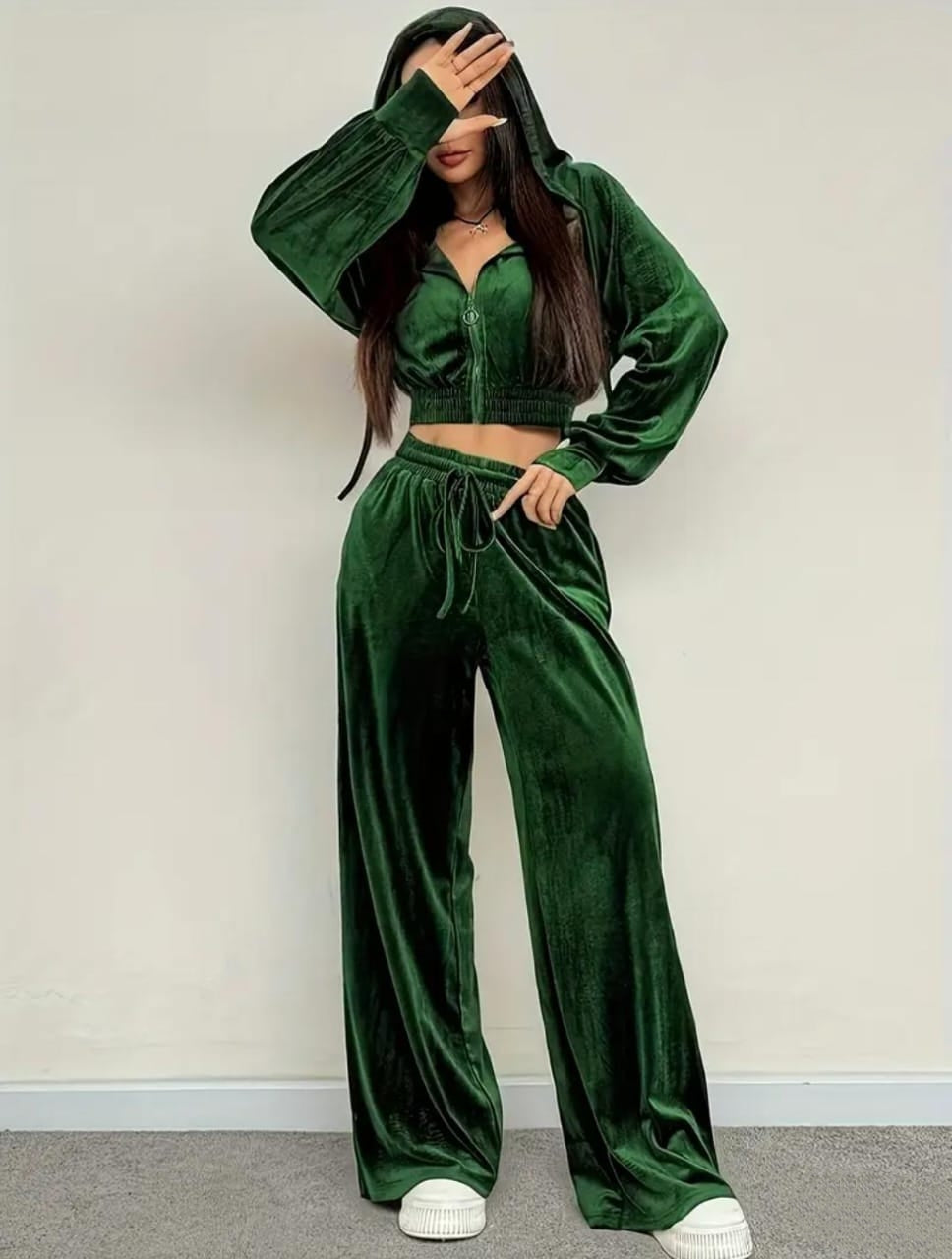 Velvet Luxe Co-ord Set with Cropped Hoodie & Flared Pants