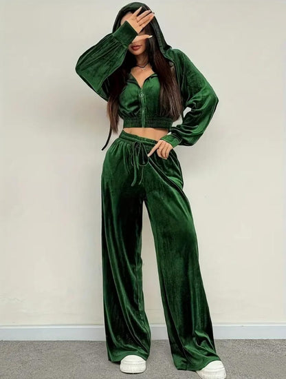 Velvet Luxe Co-ord Set with Cropped Hoodie & Flared Pants