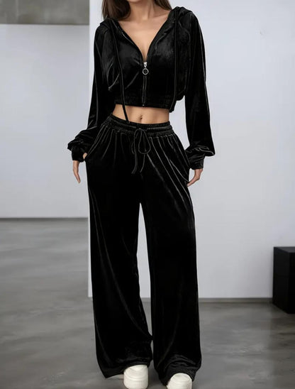 Velvet Luxe Co-ord Set with Cropped Hoodie & Flared Pants