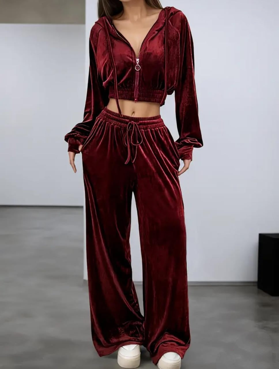 Velvet Luxe Co-ord Set with Cropped Hoodie & Flared Pants