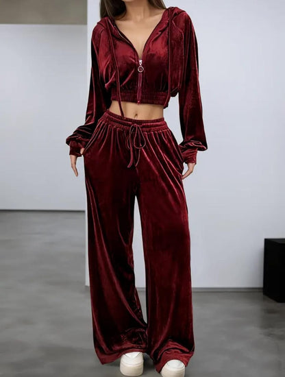 Velvet Luxe Co-ord Set with Cropped Hoodie & Flared Pants
