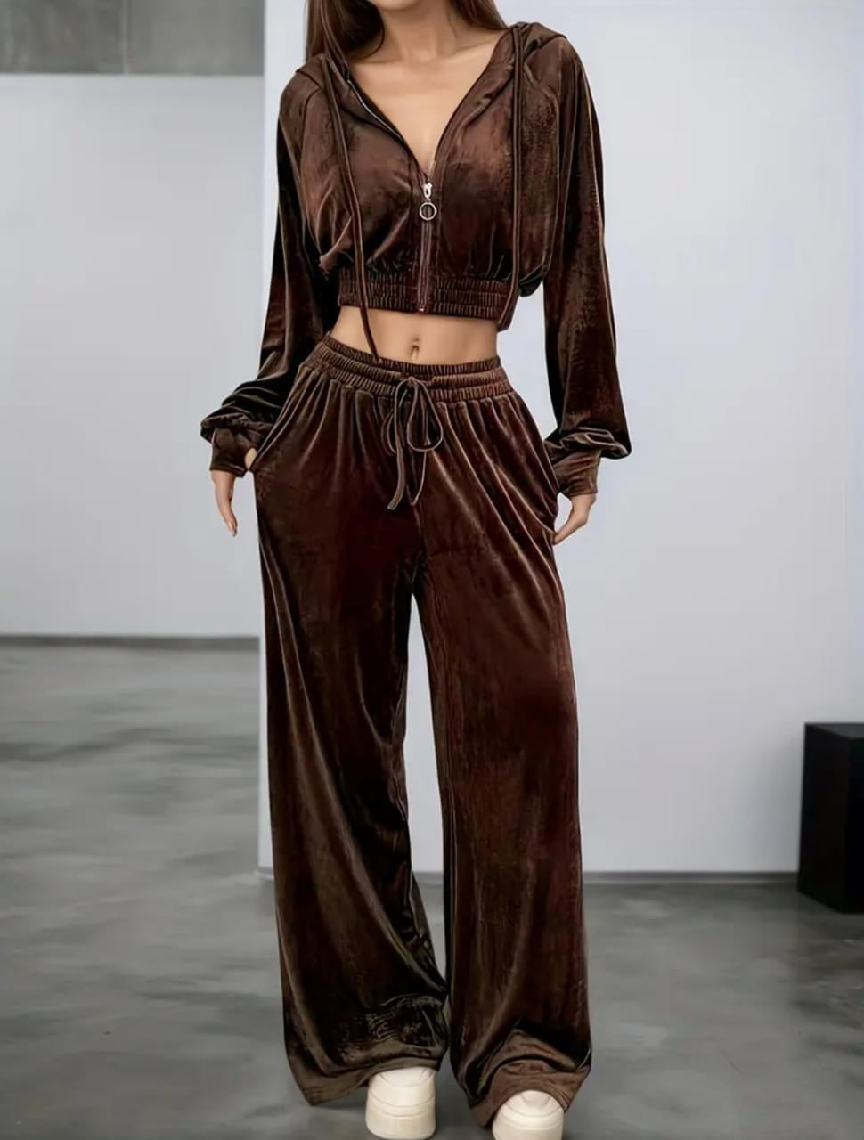 Velvet Luxe Co-ord Set with Cropped Hoodie & Flared Pants