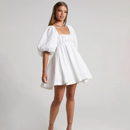 Amaya Tie Back Puff Sleeve Mini White Dress