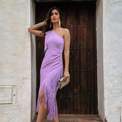 Pretty Girl Lavender One-shoulder Midi Dress With Fringes