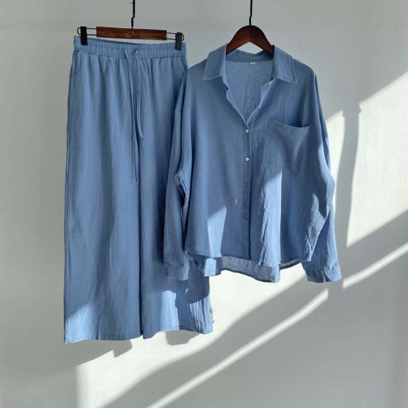 Fashionable Women's Slacks High Waist Cotton Shirt Suit 3.0