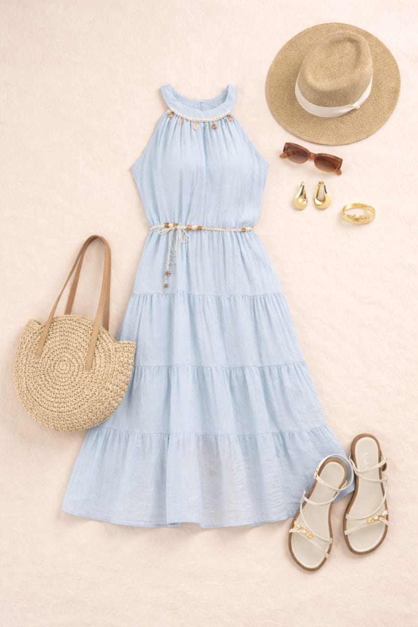Sky Blue Summer Breeze Halter Maxi Dress – Lightweight Tiered Vacation Dress for Women