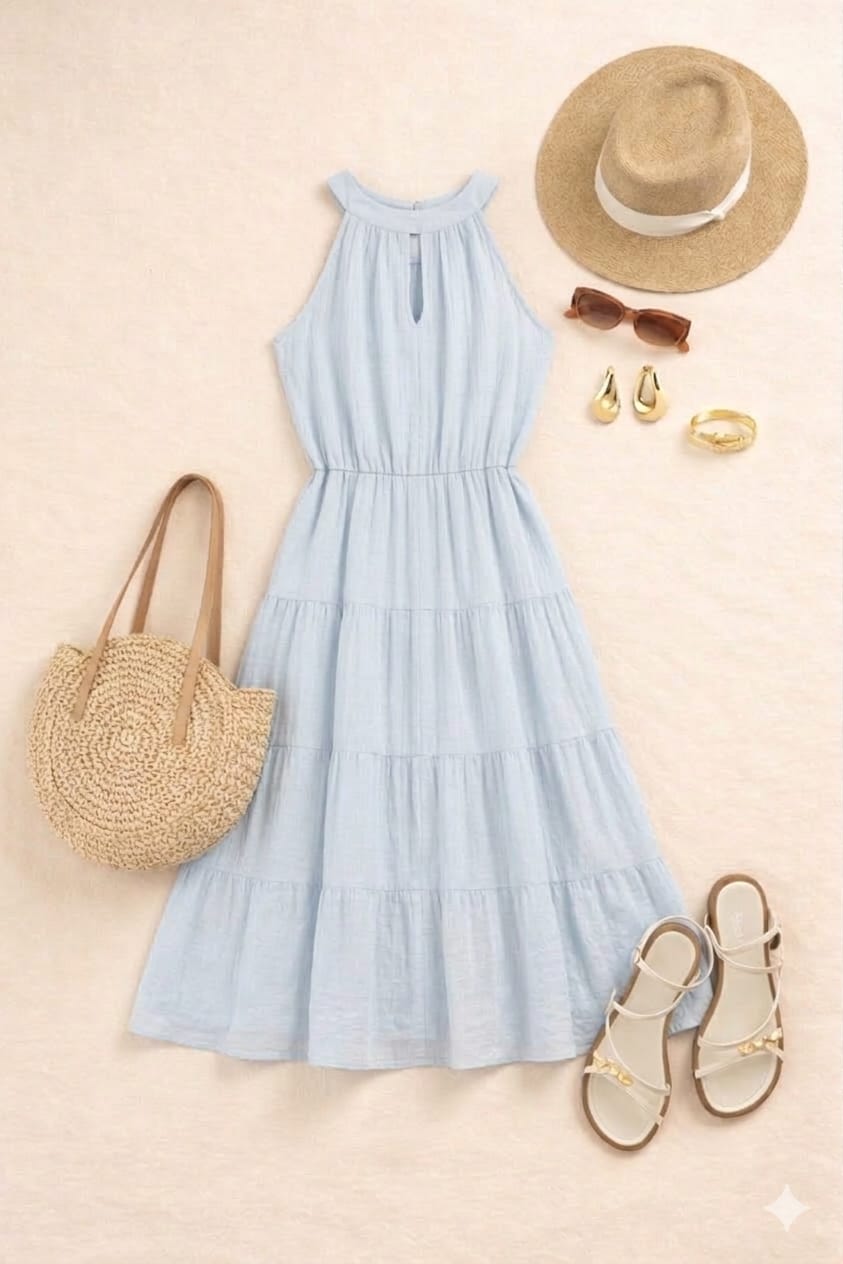 Sky Blue Summer Breeze Halter Maxi Dress – Lightweight Tiered Vacation Dress for Women