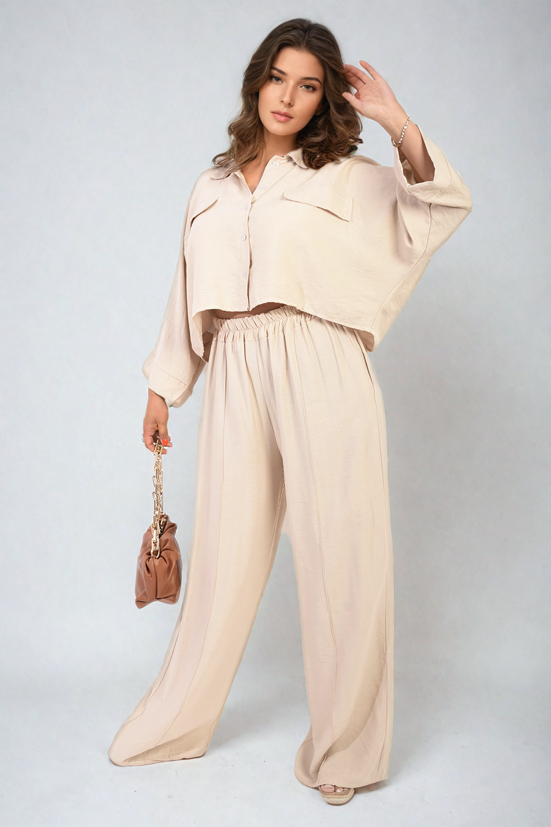 Oversized Long Sleeve Crop Top & Wide Leg Trouser Co-ord Set