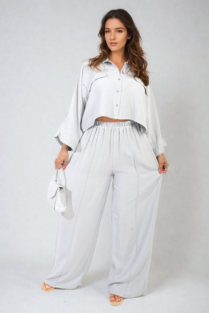 Oversized Long Sleeve Crop Top & Wide Leg Trouser Co-ord Set