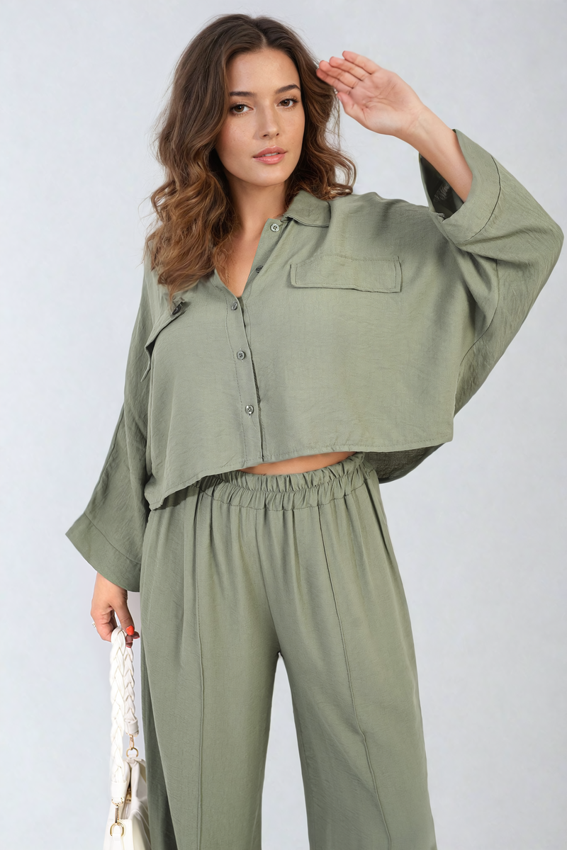 Oversized Long Sleeve Crop Top & Wide Leg Trouser Co-ord Set