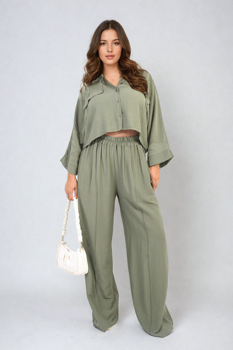 Oversized Long Sleeve Crop Top & Wide Leg Trouser Co-ord Set